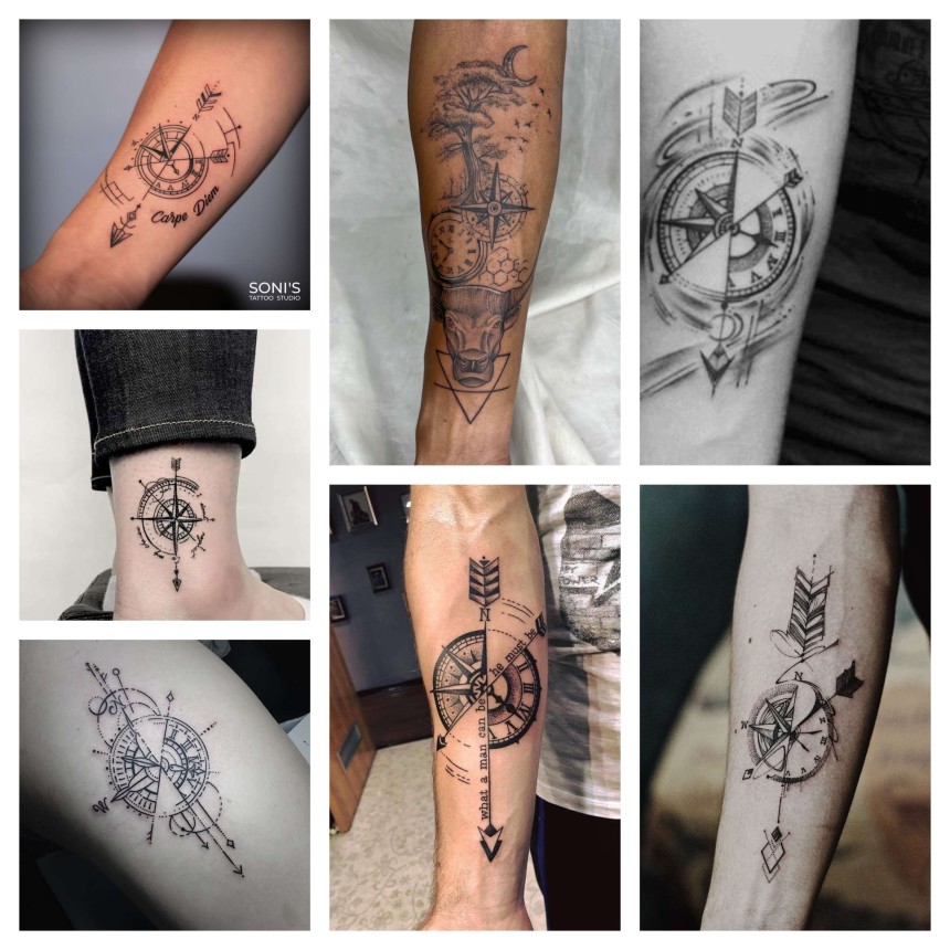 El significado de los tatuajes de relojes con flechas o cartas de navegación se asocia con el tiempo en solitario